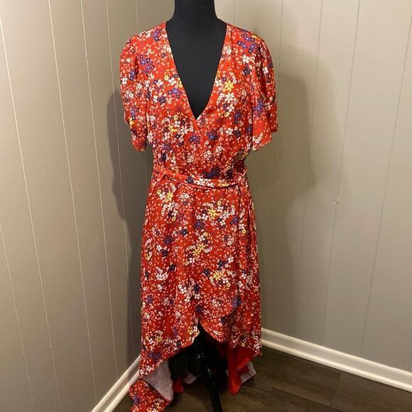 NEW Parker Large A Line Dress Red Scilla Floral Drop Waist Flutter Sleeve - Picture 1 of 10